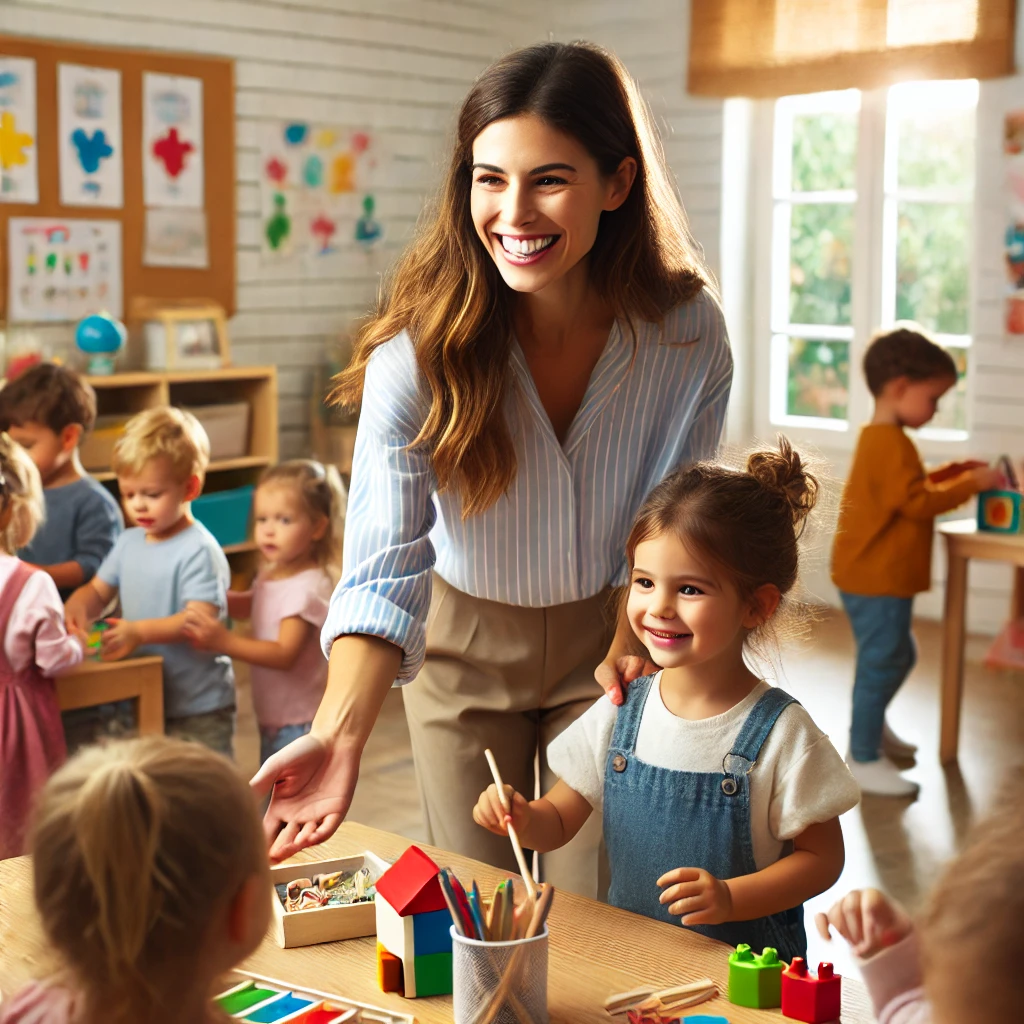 A smiling teacher guiding young children through daily activities in a colorful daycare classroom.