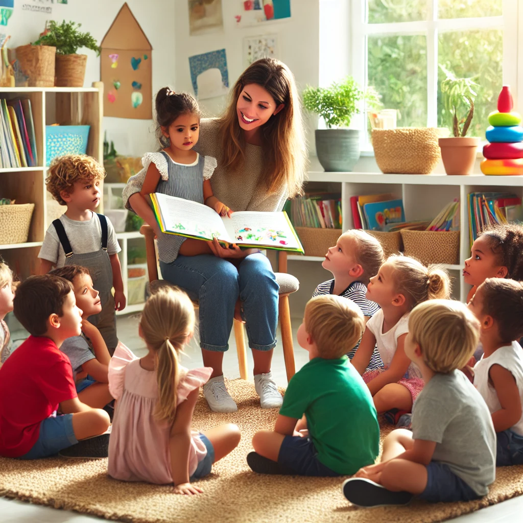 A teacher reading a storybook to a group of young children sitting on a rug