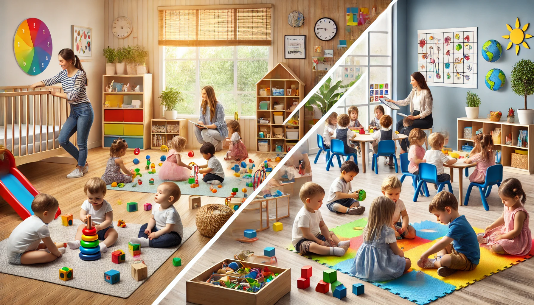 Are daycare and preschool the same? A side-by-side comparison of a daycare play area and a preschool classroom setting