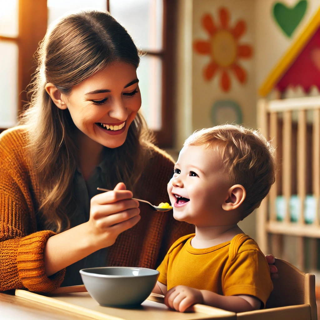 Caregiver feeding a happy toddler in a warm daycare setting at Kids Castle