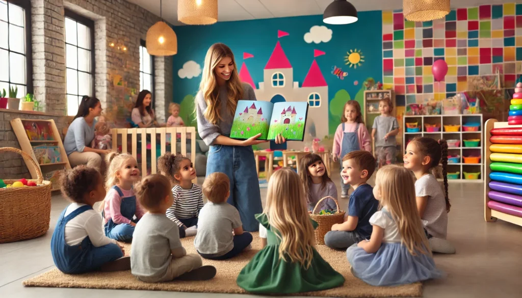 Caregiver reading a colorful storybook to kids in a bright daycare