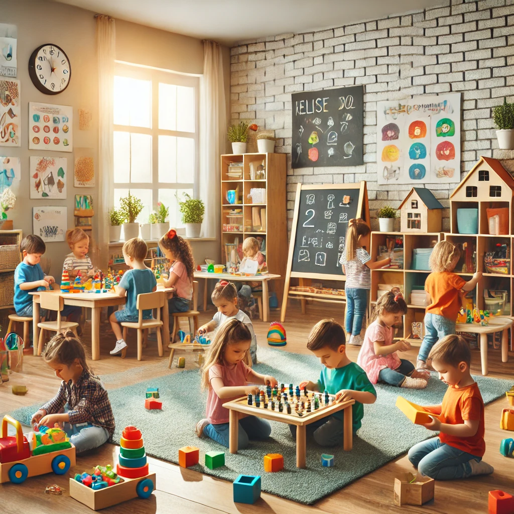 Children playing, drawing, and reading in a bright and colorful daycare classroom