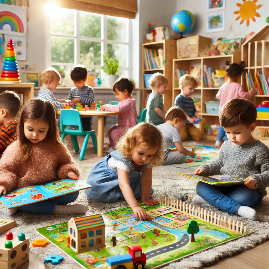Children reading books, solving puzzles, and playing educational games in a daycare