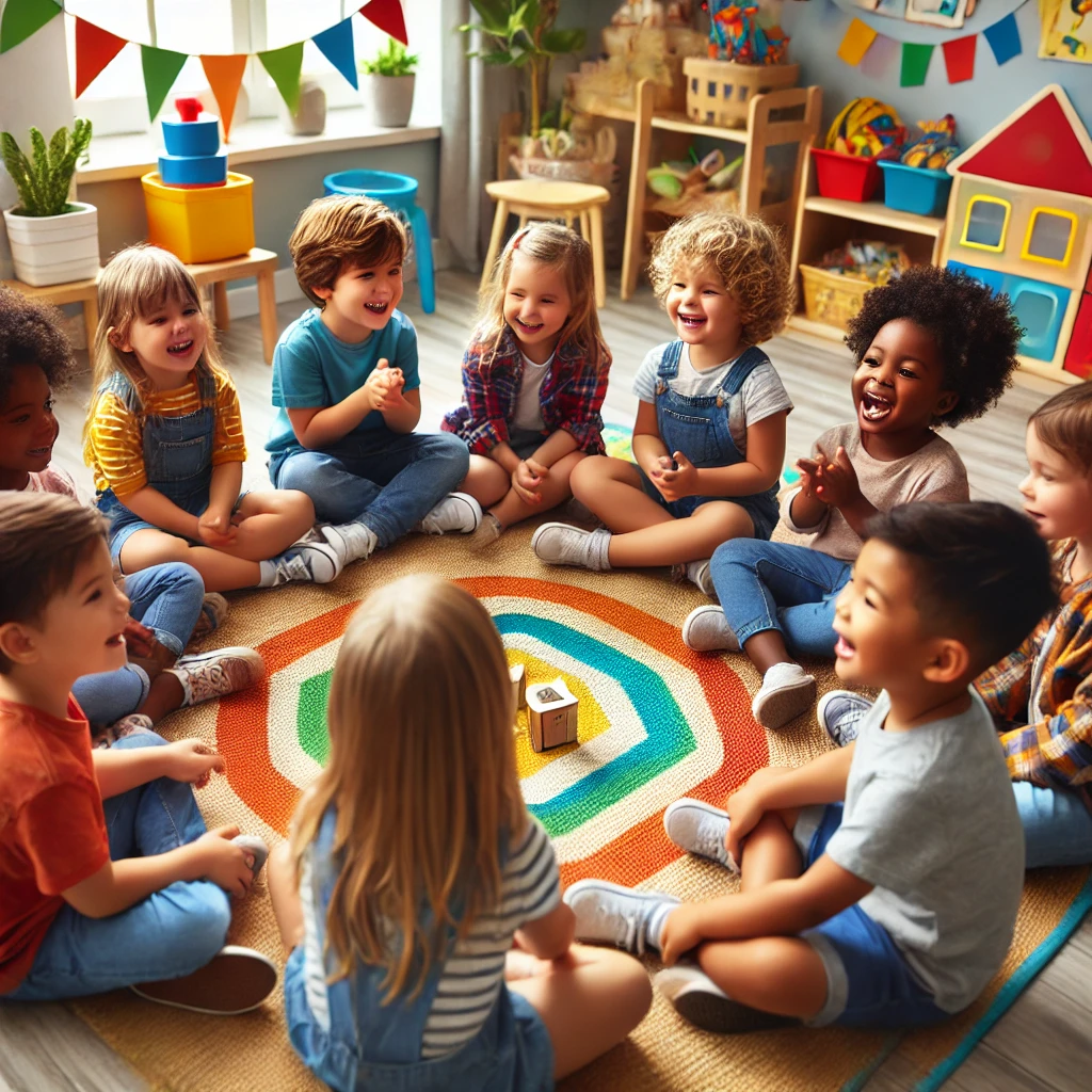 Children sitting in a circle, engaging in a fun learning activity at daycare