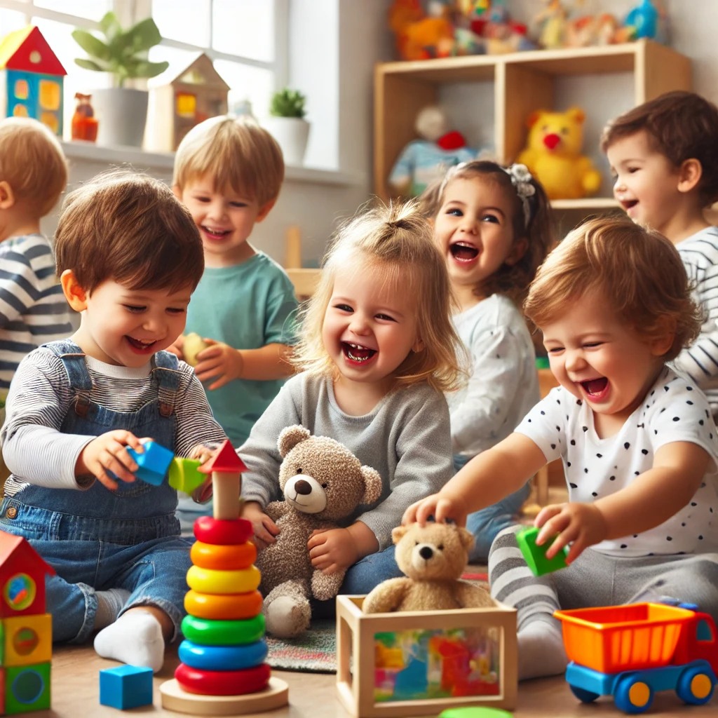 Happy toddlers playing together, laughing, and sharing toys in a bright.