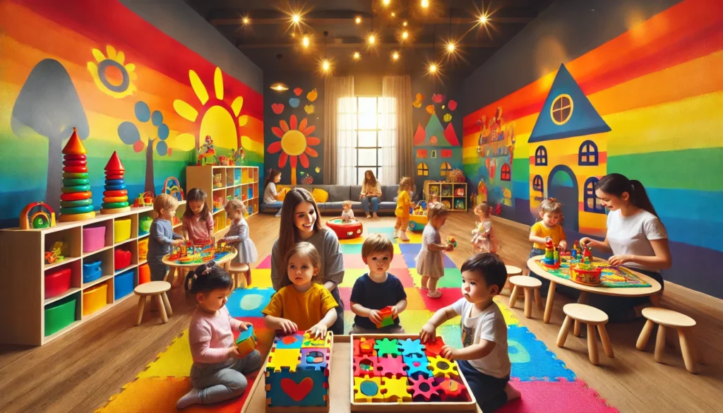Toddlers playing and learning in a colorful daycare